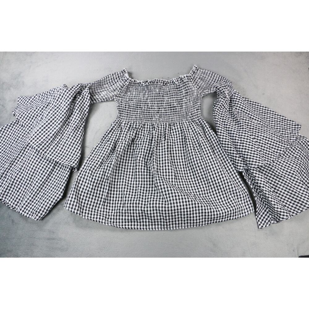 18 Centimeters Women’s Gingham Smocked Off Shoulder Shirt Small Black White